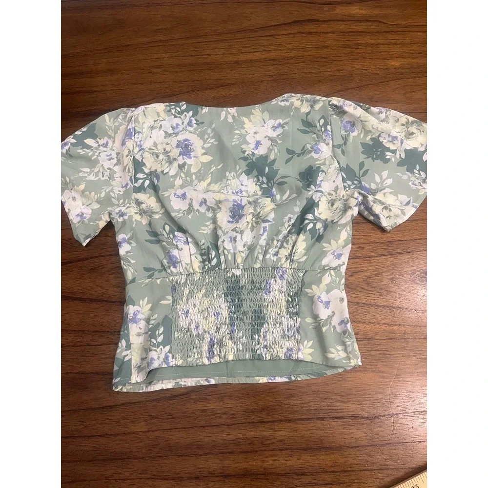 Abercrombie & Fitch Floral Tie Front Puff Sleeve Top Sage Green Small